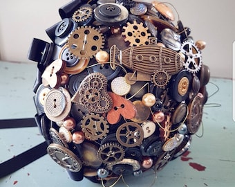 Steampunk, Bouquet, Button Bouquet, Brooch Bouquet, Alternative Wedding, Black, Steampunk Wedding, Brides Bouquet, Bridesmaids Bouquet