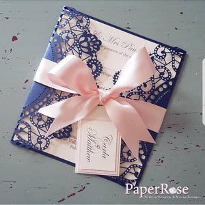 Navy & Pink Laser Cut Doily Wedding Invitation with Bow and Personalised Label, Bespoke Options