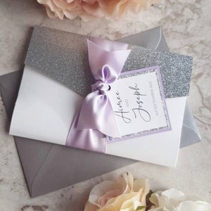 Lilac, Silver Glitter, Wedding Invitation, Wedding Stationery, Invites, Pocketfold Wallet, RSVP, Personalised, Evening Invitations