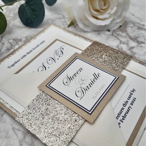 Champagne Gold Glitter Wedding Invitation with RSVP, Personalised,Wedding Invite