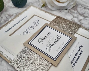 Champagne Gold Glitter Wedding Invitation with RSVP, Personalised,Wedding Invite