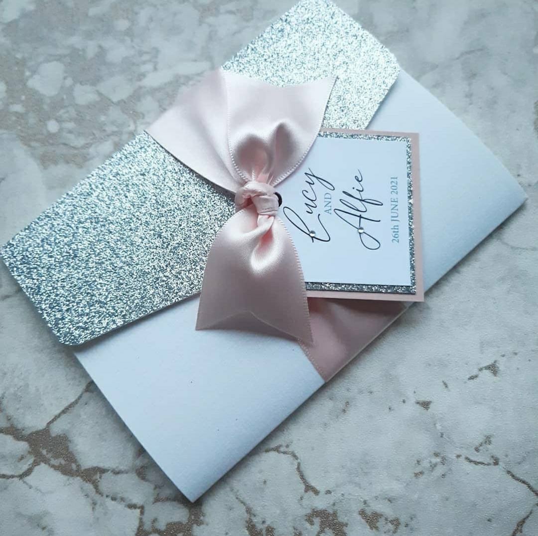 Blush Pink, Baby Pink, Silver Glitter, Wedding Invitation, Pocketfold Wallet, RSVP, Personalised