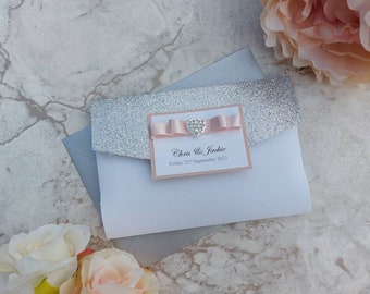 Silver Glitter, Blush, Silver, Pink, White, Diamanté, Sparkle, Wedding Invitation, Pocketfold Wallet, RSVP, Personalised