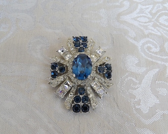 Vintage Blue Stone Rhinestones Brooch & Pendant