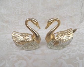 Vintage Set Of Swan Gold Toned Crystal Salt Cellar