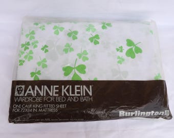 Vintage ANNE KLEIN King Sheet Clover Lucky Print --- Sealed