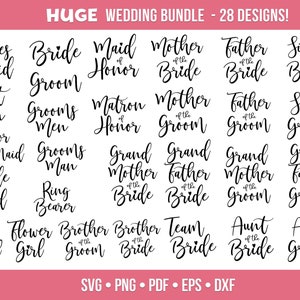 Op de afbeelding: Een set van 28 SVG-snijbestanden met een bruiloftsthema met verschillende titels voor leden van de bruiloftspartij, zoals "Bride Squad", "Groom's Men" en "Grandmother of the Bride".