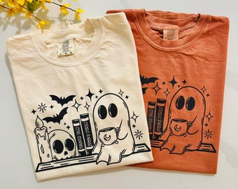 Comfort Colors Ghost on Shelf Shirt | Halloween Book Lover Tee