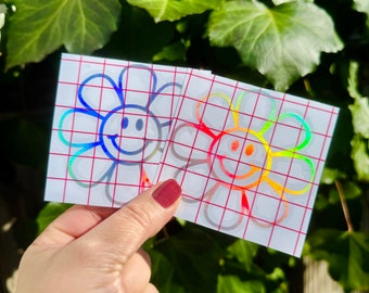 Holographic Silver Smiley Face Daisy Decal: Retro Hippie Flower