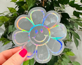 Daisy Suncatcher Decal: Silver Holographic Smiling Flower Window Cling