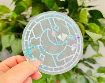 Stained Glass Moon Suncatcher: Holographic Rainbow Window Decal