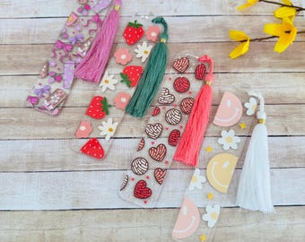 Acrylic Bookmark | Happy Face | Heart Conchas | Floral Strawberry | Pink Coffee | Tassel Bookmark | Book Lover