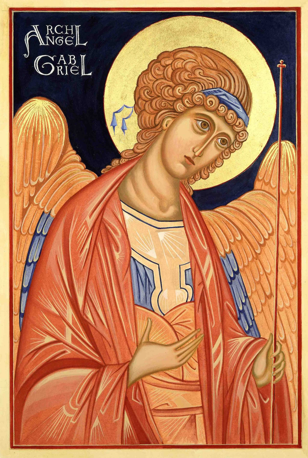 Archangel Gabriel Original Icon Painting in Egg Tempera, 24 Carat