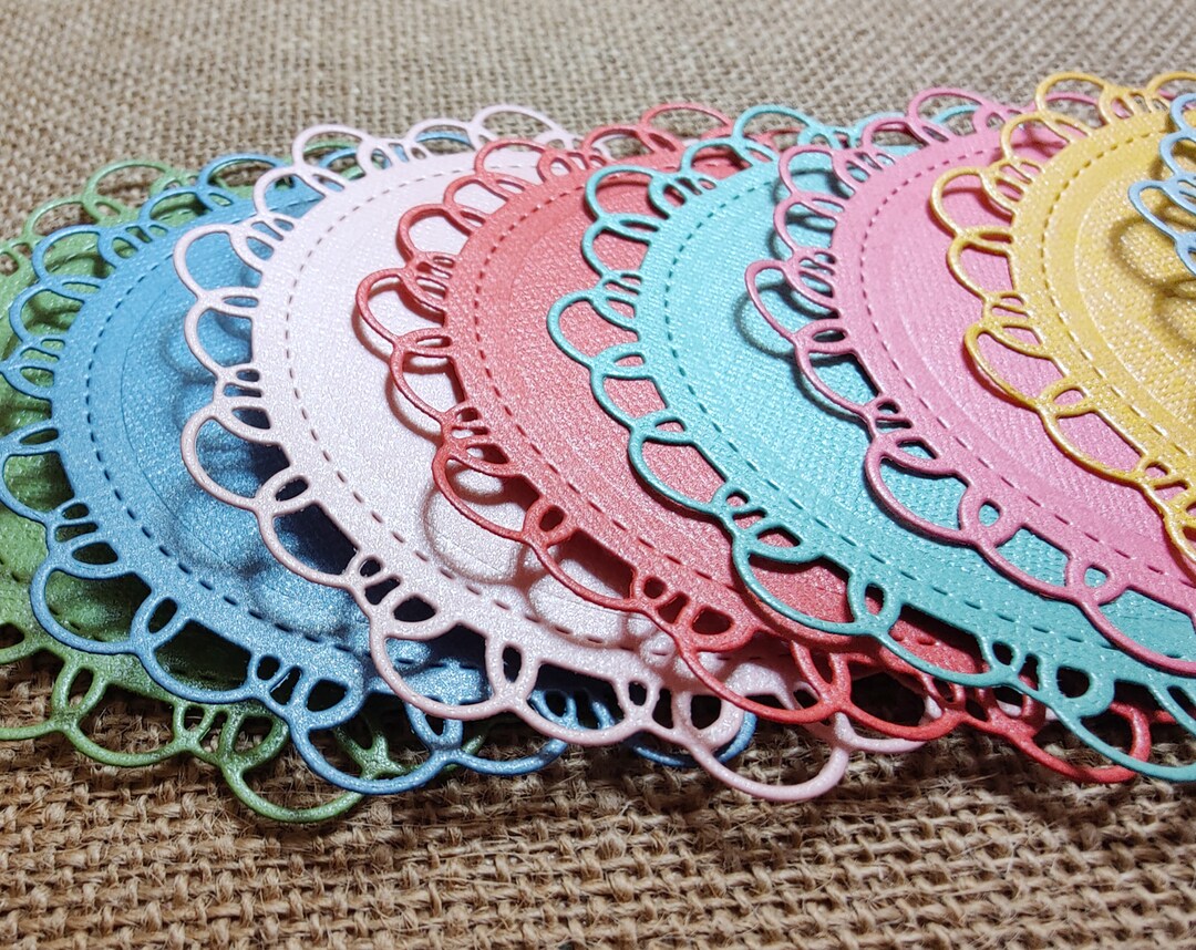8 Scalloped Die Cut Circles Round Labels Shimmery Bright Colors