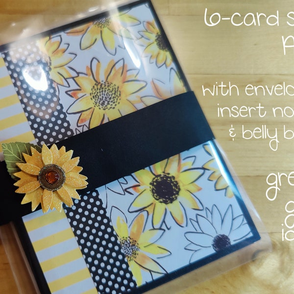 6 Note Cards, Blank, Sunflower, All Occasion Notes, Watercolor, Handmade, A-2, Cards, Gift, Pretty, Flowers, Yellow, Black