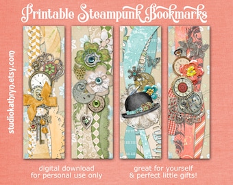 Puede incluir: Cuatro marcapáginas steampunk imprimibles con una estética vintage. Cada marcapáginas presenta un diseño diferente con engranajes, relojes, flores y otros elementos decorativos. Los marcapáginas son perfectos para añadir un toque de fantasía a tu experiencia de lectura.