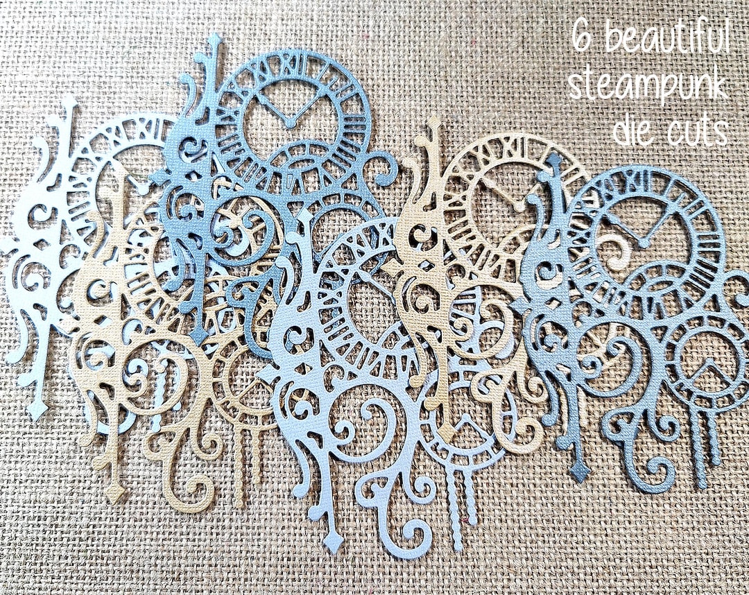 6 Fancy Steampunk Clocks Die Cuts Masculine Gray Tan Beige Shimmery ...