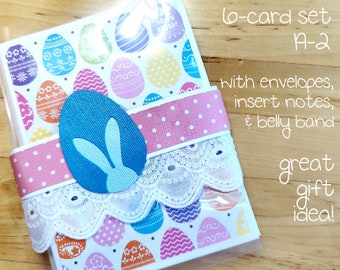 6 Note Cards, Blank, Gift, Easter, Bunnies, Eggs, Handmade, Insert Papers, Belly Band, Lace