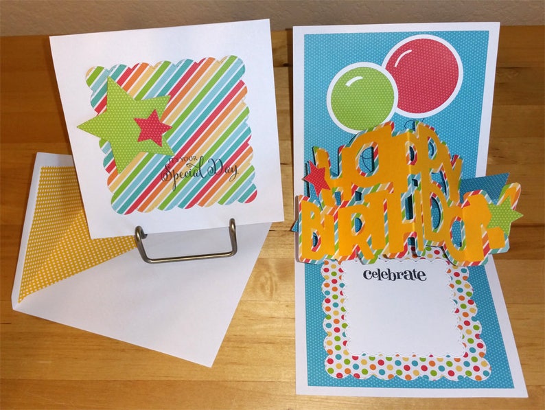 Birthday, Card, 3-D, Rainbow, Pop-Up, Primary, Pop Up, BDay, Bright, Handmade, Balloons, Cut-out, Stars, Kids, 3D image 1