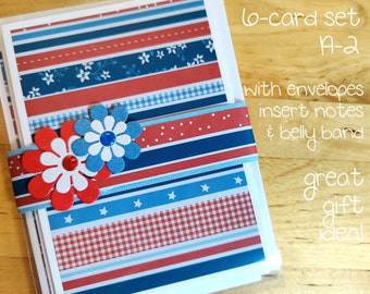 6 Note Cards, Blank, All Occasion Notes, Handmade, A-2, Cards, Gift, Patriotic, Service, Army, 4th of July, America, Belly Band