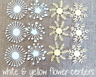 12 Die Cut Flower Centers Shimmery Yellow Smooth White Cardstock