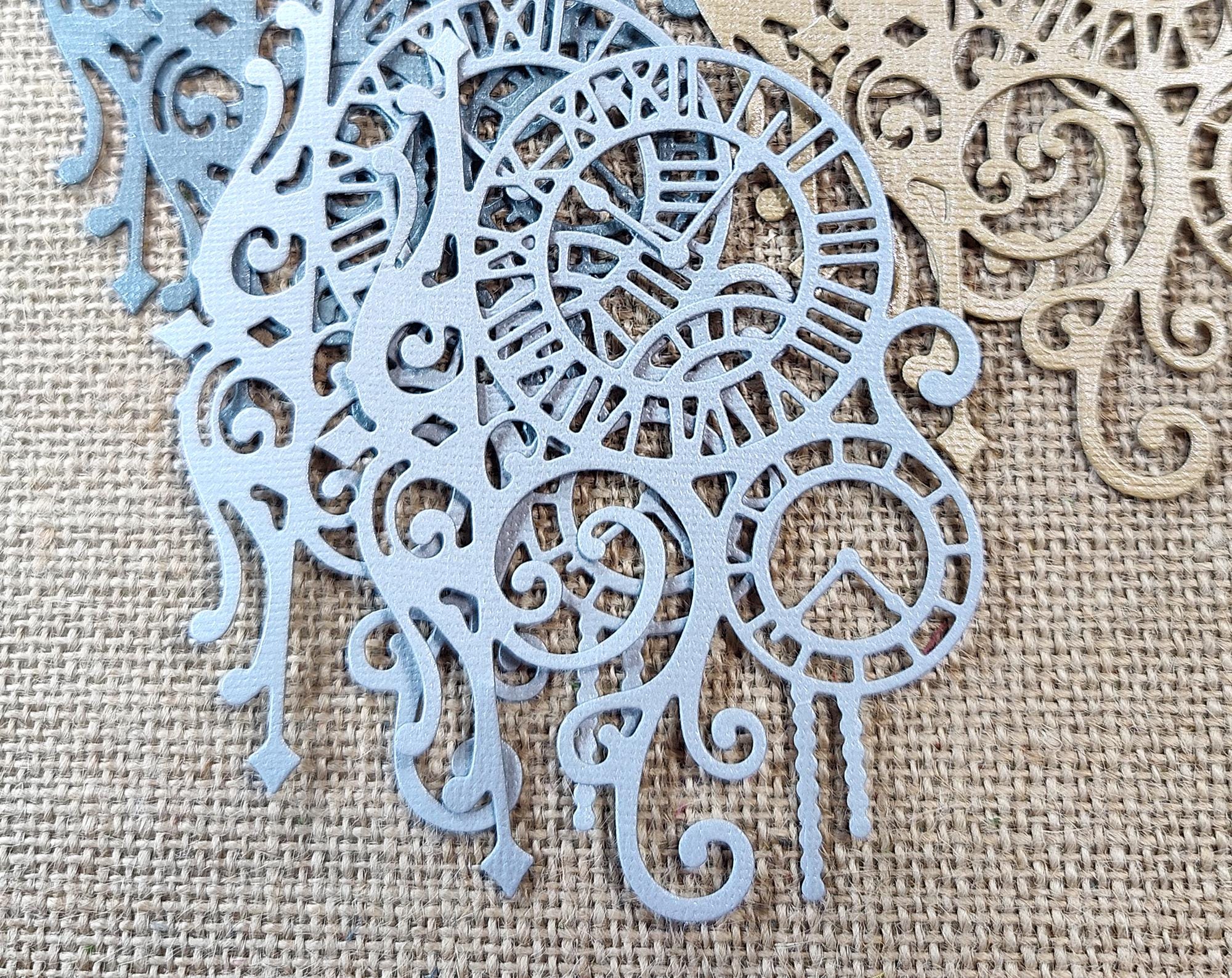 6 Fancy Steampunk Clocks Die Cuts Masculine Gray Tan Beige Shimmery ...