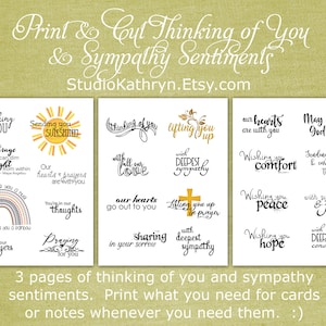 Może przedstawiać: Trzy strony do wydrukowania z sentymentami współczucia i myślami o Tobie. Każda strona zawiera różne frazy i ilustracje, w tym tęczę, słońce, serce i krzyż. Tekst zawiera takie zwroty jak: "Wysyłam Ci słońce", "Nasze serca i modlitwy są z Tobą", "Myślę o Tobie z całego serca", "Podnoszę Cię", "Życzę Ci pocieszenia", "Życzę Ci pokoju", "Życzę Ci nadziei", "Niech poczujesz Bożą miłość", "Wysyłam ciepłe i troskliwe myśli", "Z współczuciem i pokojem", "Z najgłębszym współczuciem", "Jesteś w naszych myślach", "Modlimy się za Ciebie", "Nasze serca są z Tobą", "Dzieląc Twój ból", "Z najgłębszym współczuciem", "Nie mogę Cię przytulić, więc wysyłam Ci tęczę", "Jeśli ktoś ma odwagę, nic nie może przyćmić światła, które świeci z wnętrza."