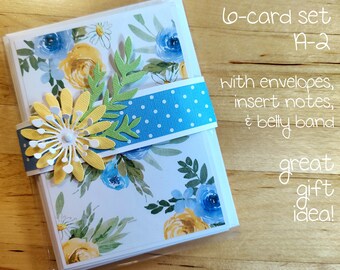 6 Note Cards, Blank, Gift, Blue, Yellow, Floral, Handmade, Insert Papers, Belly Band, Stacked Flower