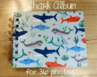 Boy Sharks Mini Album Scrapbook 4.25” x 5.5” 36 Photos Flip-out Pages Chipboard Cardstock Double Wire-Bound Gift