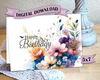 Digital, Birthday, Card, Download, Printable, Feminine, Floral
