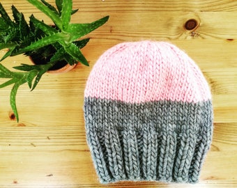 Grey and pink beanie hat. Handmade. Chunky. 100% merino wool