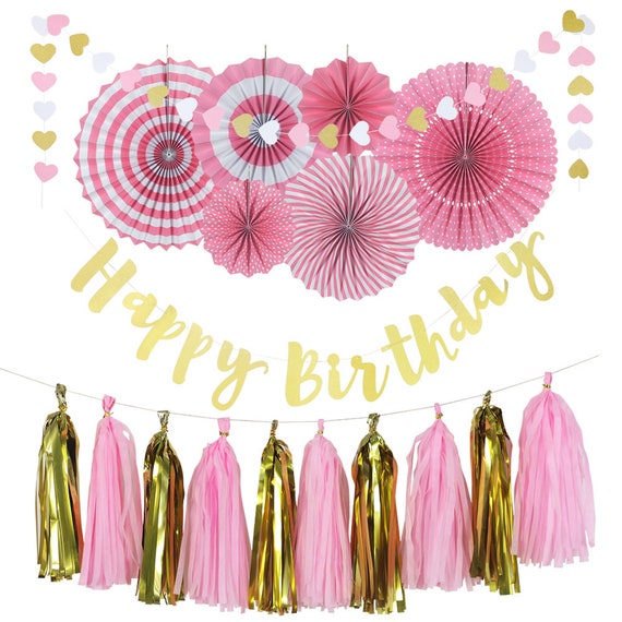 Pink and Gold Birthday Party Decorations Set Includes Happy | Etsy