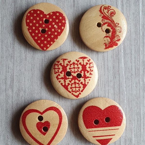 10 Nordic Style Heart Themed Buttons, Round Wooden, 20mm, 2cm - UK Seller