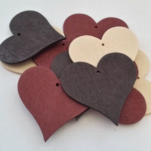 10 Blank Wooden Heart Tags with Hole, Coloured, 4cm, Size 44mm x 41mm, Mixed Colours, Wedding Decor, Valentines - UK Seller