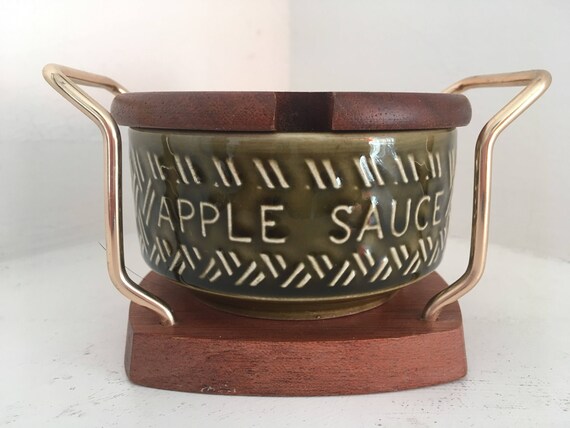 lovely sage green embossed honey.preserve or marmalade pot vintage Lord Nelson pottery and Wyncraft hopefully in its original wooden stand