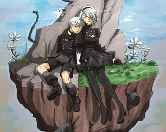 Fan Inspired Nier Automata 9S and 2B sleepy time print