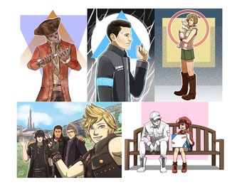 Fan Inspired mini print postcards Final Fantasy XV Fallout 4 Detroit Become Human Silent Hill 3 Cells At Work
