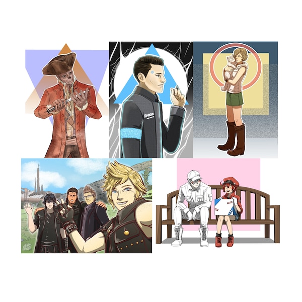 Fan Inspired mini print postcards Final Fantasy XV Fallout 4 Detroit Become Human Silent Hill 3 Cells At Work