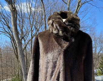 Jones New York Faux Fur Brown Swing Coat ll 90s Style Vintage Glam Shawl Collar Coat ll XL