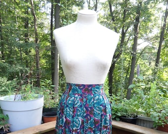 1980s Teal Pleated Floral Print Skirt l 80s Secretary Navy Print Skirt