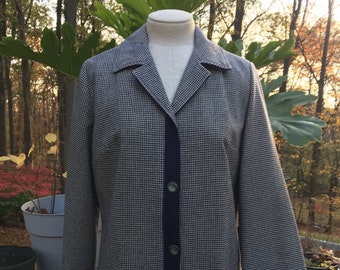 Vintage Navy Tweed Wool Blazer l 80s V-neck Wool Lined Jacket l Women's Half Belt Back Jacket