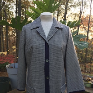 Vintage Navy Tweed Wool Blazer l 80s V-cuello lana forrada chaqueta l chaqueta de espalda de medio cinturón de las mujeres