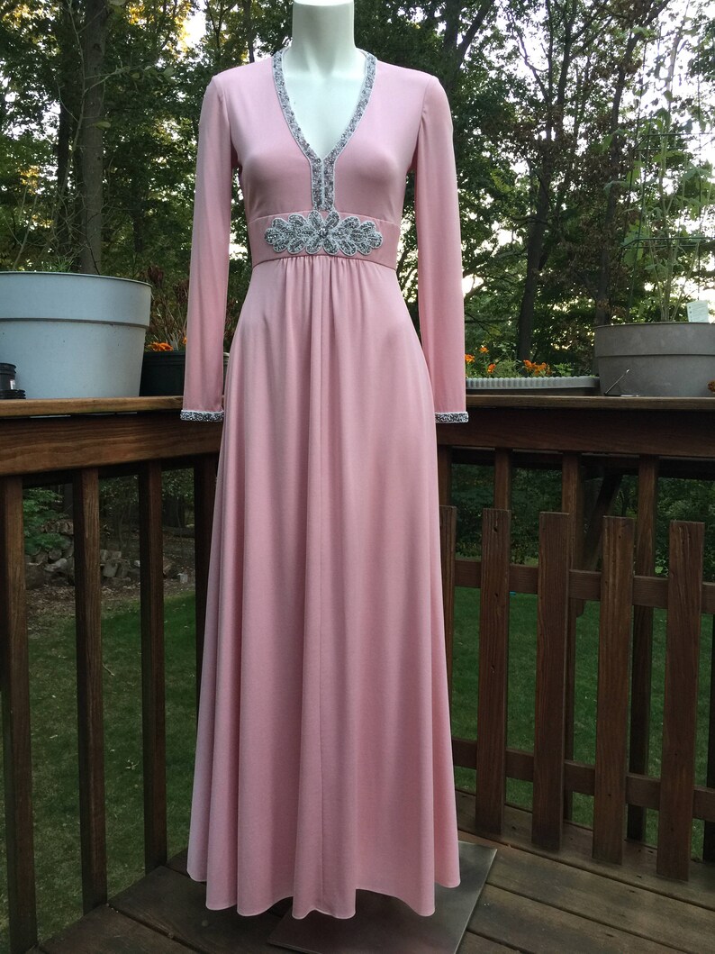 1960s Victoria Royal Ltd. Pink Beaded Trim Gown L Jersey Knit Etsy