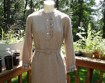 1970s Wool Stripe Beige Wool Dress l Vintage Beige + Ivory Stripe Ruffle Trim Dress l 70s Mini Belted Wool Dress