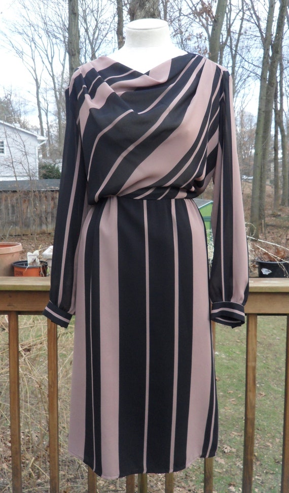1980s Secretary Dress l Retro Sheer Striped Dress 