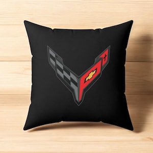 Corvette C8 Throw Pillow, Home Accessories, Mancave Decor, Man Cave, Square Pillow, Polyester, Couch and Bedding, C8 Logo, C8 Emblem