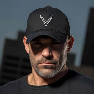 Corvette C8 White Logo Baseball Cap, Flexfit® Hat, Stretchy Band, Black Hat, Corvette Gear, Embroidery