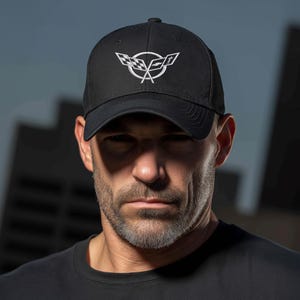 Corvette C5 White Logo Baseball Cap, Flexfit® Hat, Stretchy Band, Black Hat, Corvette Gear, Embroidery