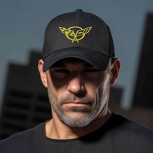 Corvette C5 Yellow Logo Baseball Cap, Flexfit® Hat, Stretchy Band, Black Hat, Corvette Gear, Embroidery