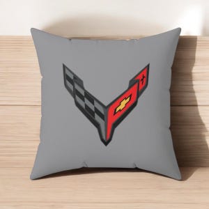 Corvette C8 Throw Pillow, Home Accessories, Mancave Decor, Man Cave, Square Pillow, Polyester, Couch and Bedding, C8 Logo, C8 Emblem